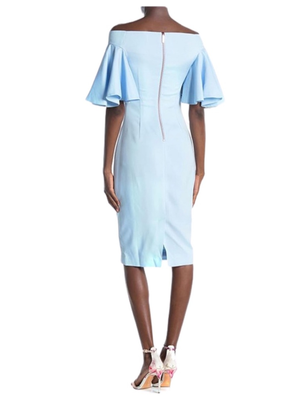 Ted Baker London Light Blue Floral Off-Shoulder Midi Dress with Pink Blossom - Picture 5 of 5